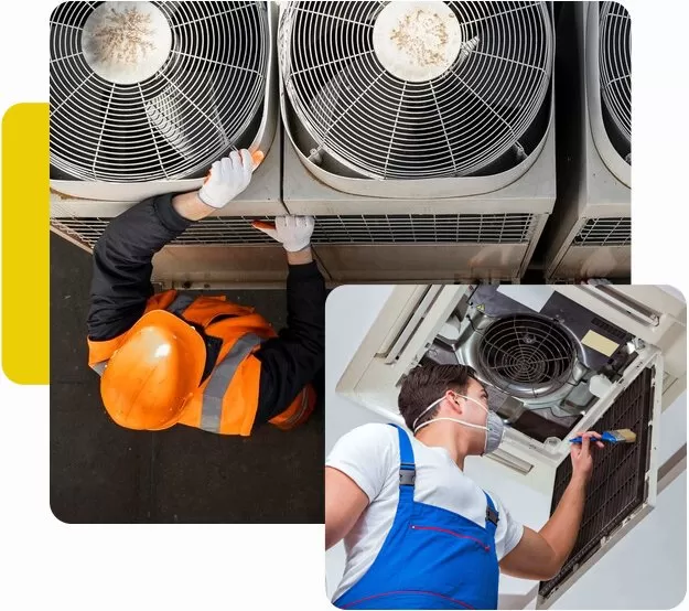 Técnico fazendo manutenção em unidades de ar condicionado externas